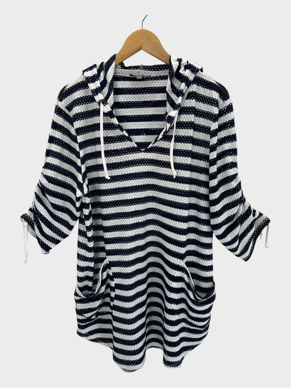 For Cynthia Beachwear Hooded Cover Up Nautical Striped Coastal Tunic Navy White